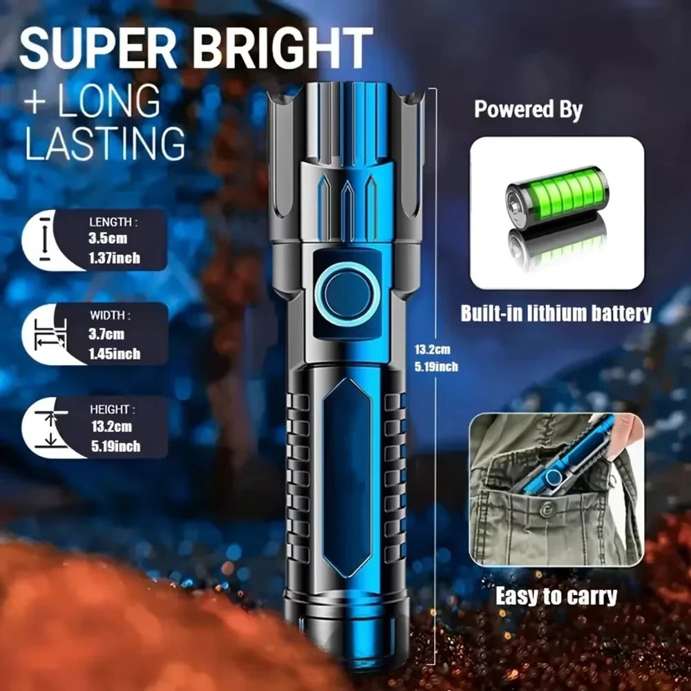 Powerful LED Flashlight USB C Rechargeable Zoomable Searchlight 3 Modes Handheld Flashlight for Outdoor Camping Hunting Torch