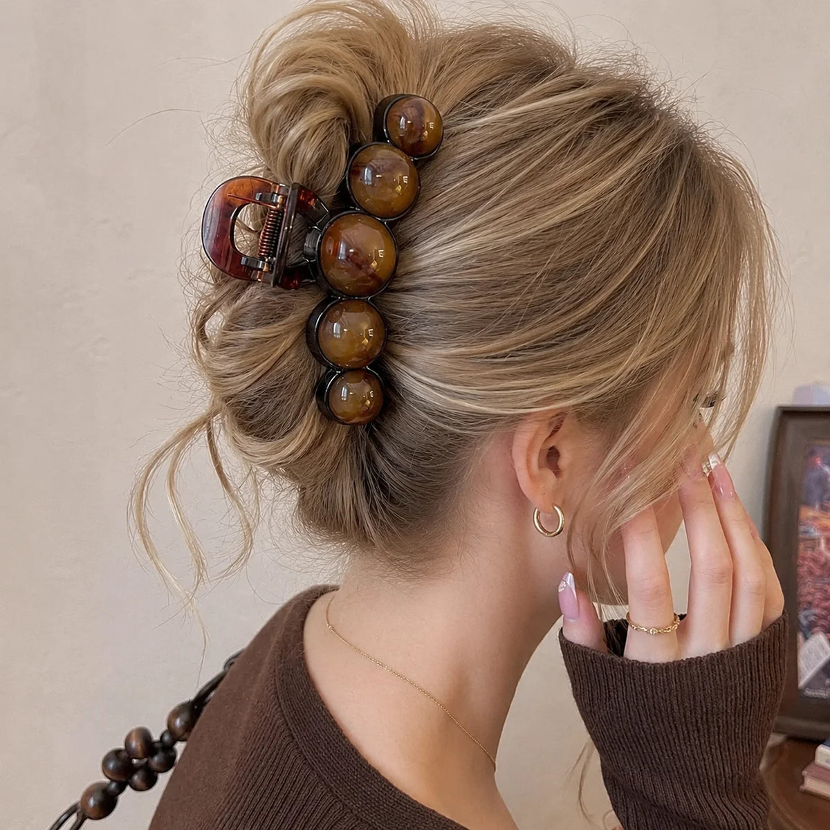 Vintage Beaded Hair Claw Clip – 11cm Large Acrylic French Claw, Gradient Bubble Ball Design for Women