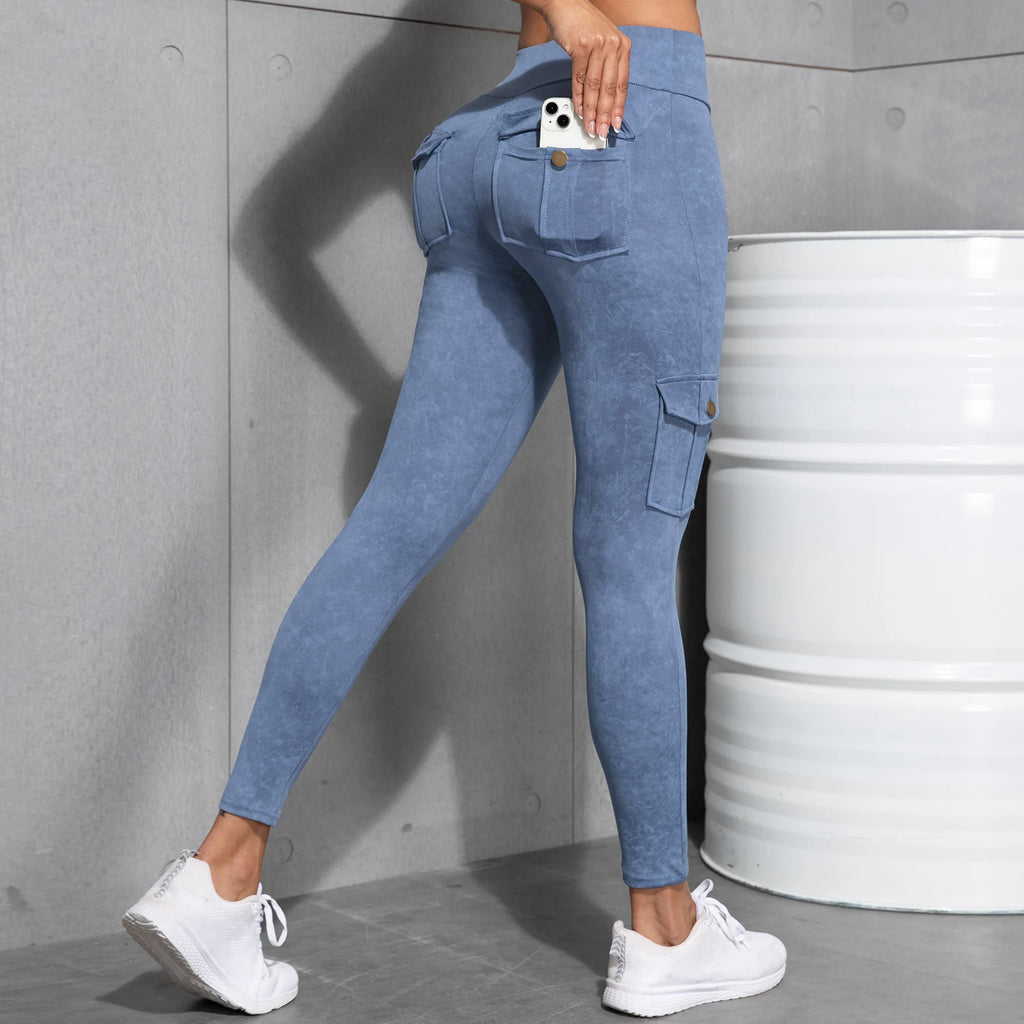 Women High Waist Yoga Gym Cargo Pocket Pant Fashion Tummy Control Athletic Pants Skinny Stretch Streetwear Sport Leggings