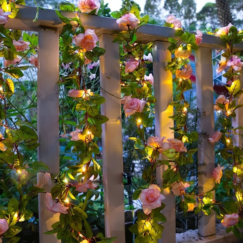 5M 50LED Rose Vine String Lights Solar Powered Artificial Flower Fairy Light for Garden Patio Bedroom Wedding Christmas Decor