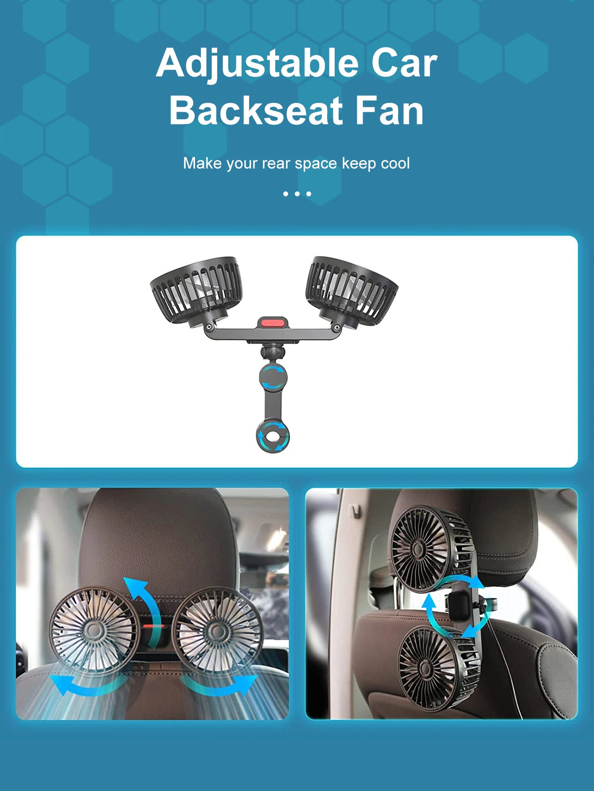 Dual-Head Car Backseat Fan with 3 Speeds