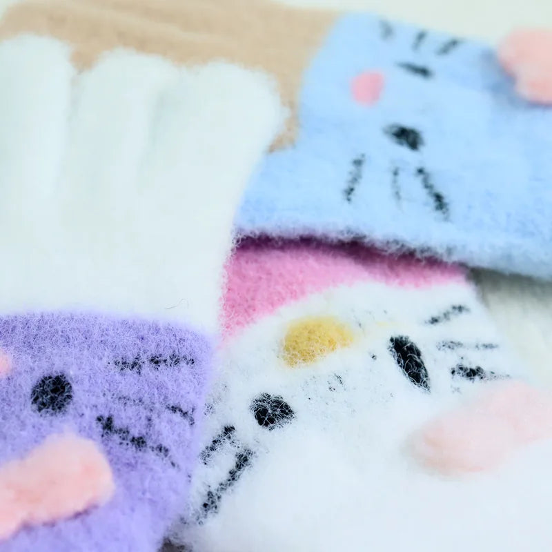 Kids’ Color-Block Cat Knit Gloves