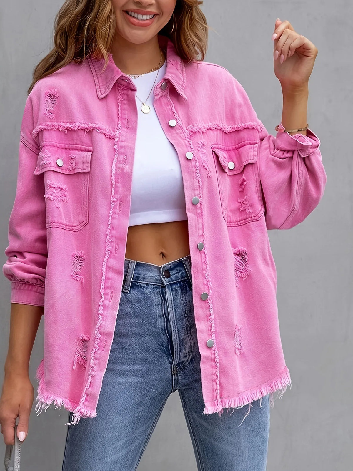 Women’s Distressed Button-Front Denim Jacket