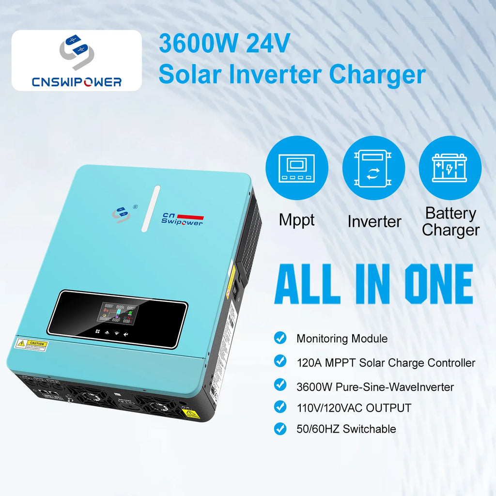 CNswipower 3600W Hybrid Solar Inverter Charger – 24V DC to 120V AC, 120A MPPT, 50Hz/60Hz, LCD Display, CE Certified