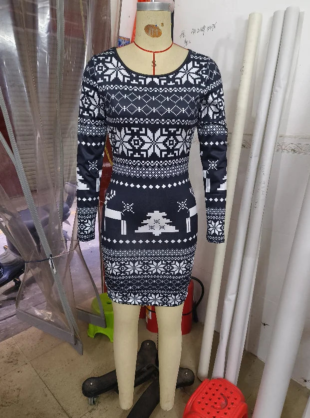 Women's Christmas Mini Dress – Snowflake & Elk Print, Long Sleeve, Skinny A-Line O-Neck, Festive Casual Wear