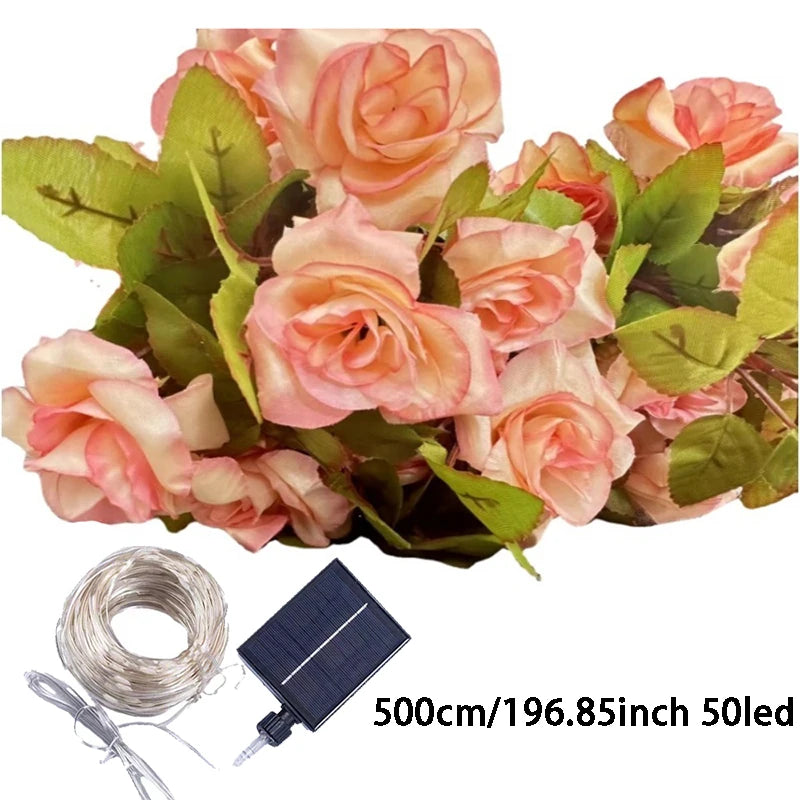 5M 50LED Rose Vine String Lights Solar Powered Artificial Flower Fairy Light for Garden Patio Bedroom Wedding Christmas Decor