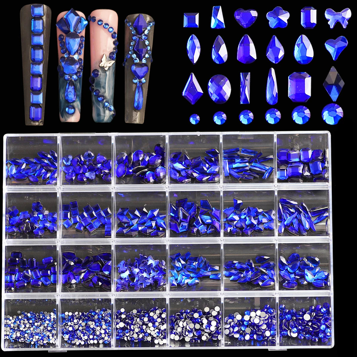 1 Box of Multi -Shaped 3D Nail Diamond Kits -24 AB Crystal Gem Grids, Flat -Bottom Nail Art Accessories Multi -Style Nail Suppli
