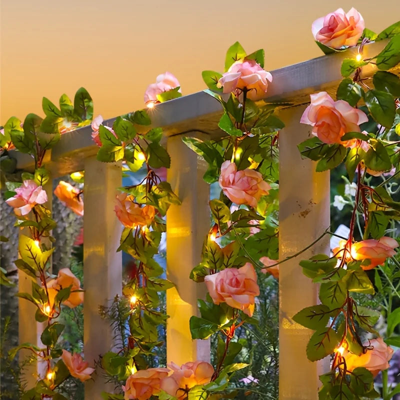 5M 50LED Rose Vine String Lights Solar Powered Artificial Flower Fairy Light for Garden Patio Bedroom Wedding Christmas Decor