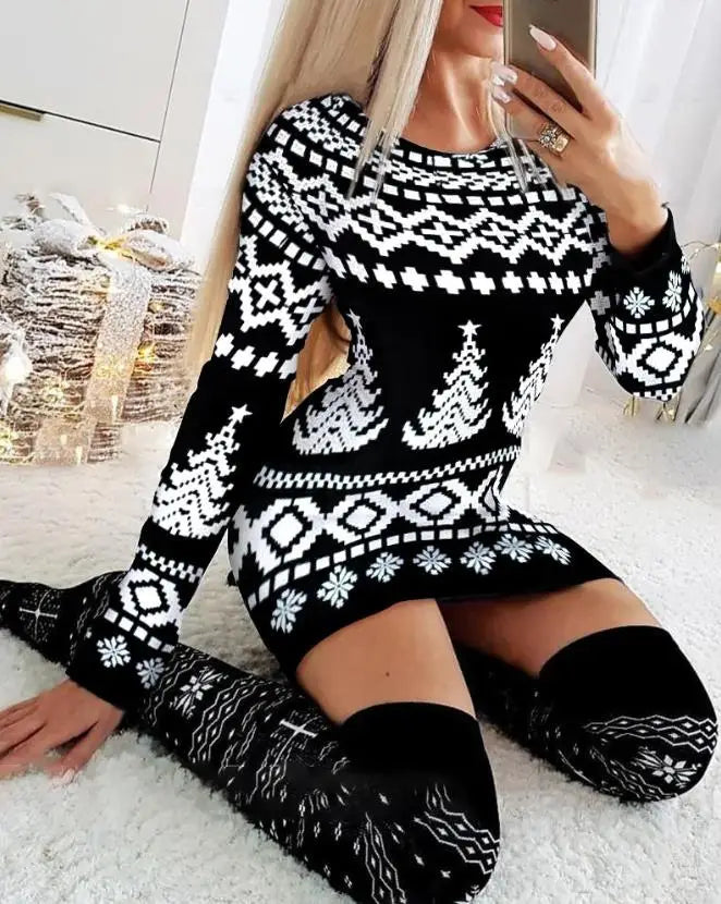 Women's Christmas Mini Dress – Snowflake & Elk Print, Long Sleeve, Skinny A-Line O-Neck, Festive Casual Wear