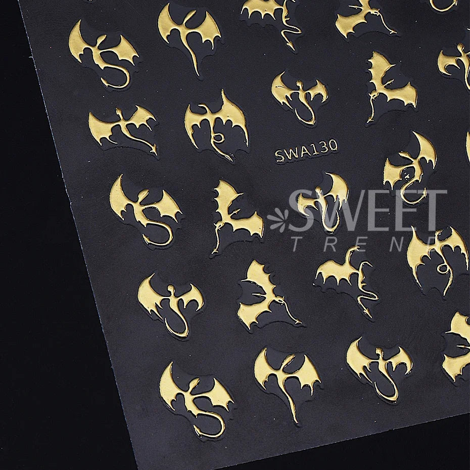 3/4pcs Metallic Dragon Nail Stickers Evil Bat Flying Dragon Designs Self-Adhesive Nail Decals Y2K Halloween Manicure Decoration