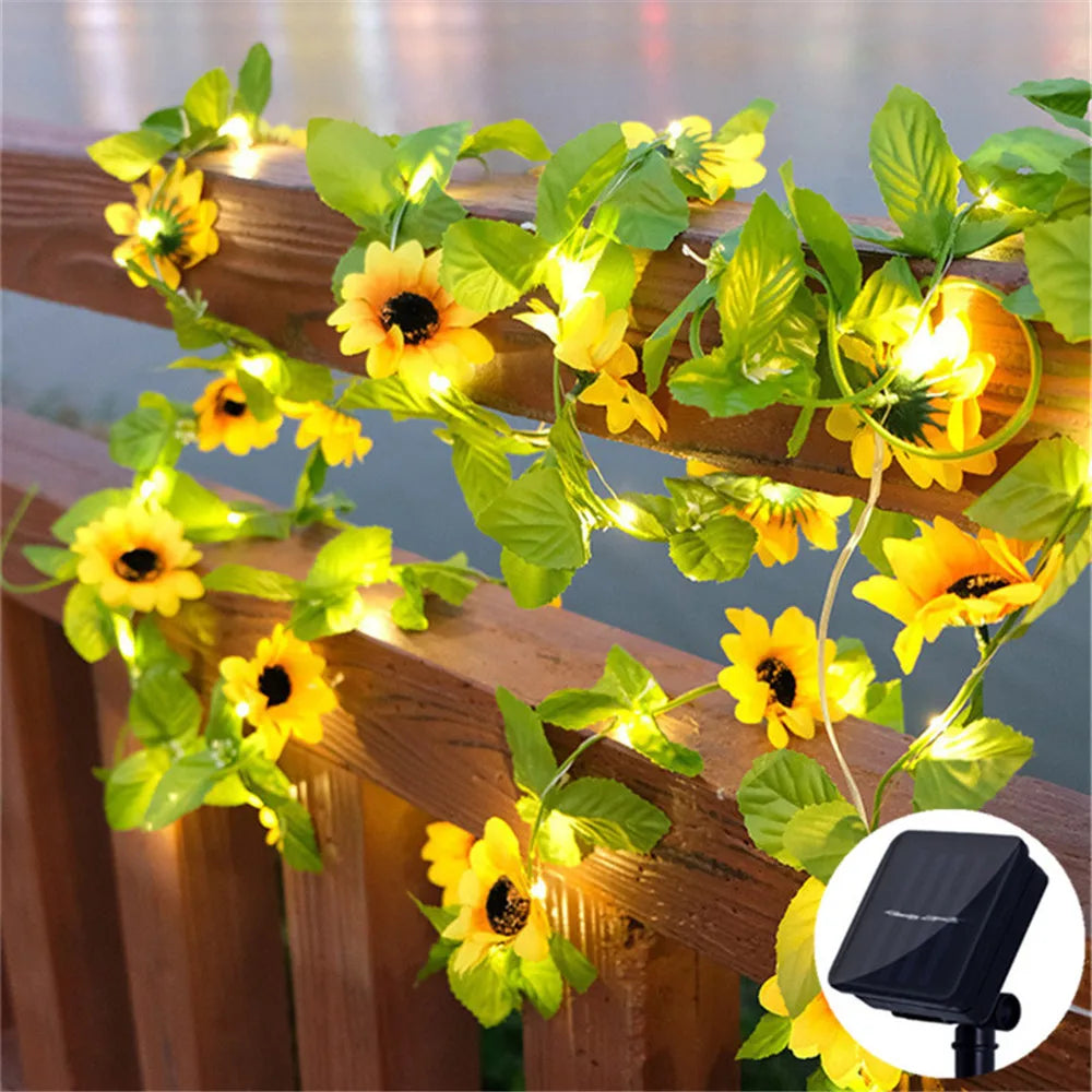 2/5/10M Solar Sunflower Light String Outdoor Fairy Lamp 8 Mode Artificial Plant Leaf for Wedding Camping Garden Fence Decoration