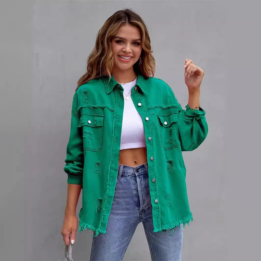 Women’s Distressed Button-Front Denim Jacket