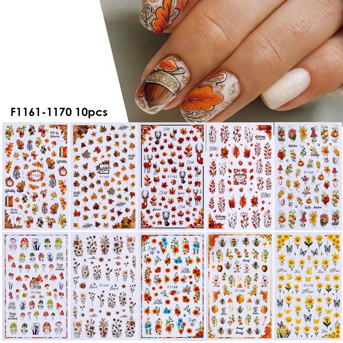 10pcs Autumn Winter Series Nail Decals Maple Leaves Pumpkin Deer Mushroom Stickers For Manicure Painting Fall Decor Accessories