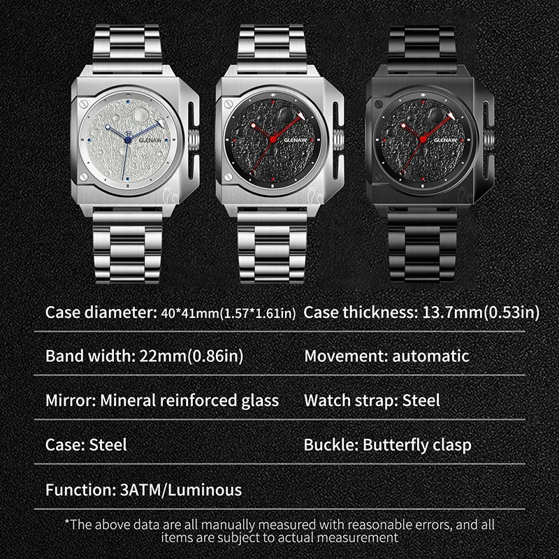 GLENAW GL8655 Men’s Automatic Watch with Moon-Texture Dial