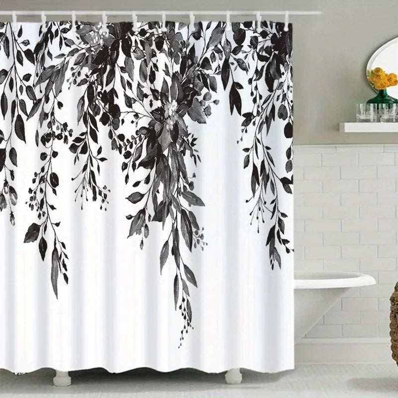 1 Piece Small Fresh Eucalyptus Leaves Digitally Printed Bathroom Shower Curtain Set Perforated Strap Hook Easy to Clean