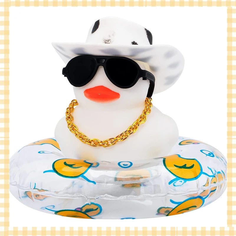 Car Rubber Duck, Coloured  Duck Decoration Dashboard with Sun Hat Swim Ring Necklace Sunglasses for Car Dashboard Decorations