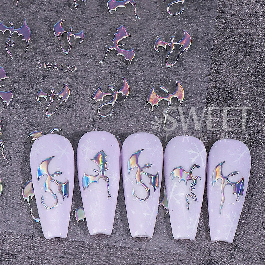 3/4pcs Metallic Dragon Nail Stickers Evil Bat Flying Dragon Designs Self-Adhesive Nail Decals Y2K Halloween Manicure Decoration