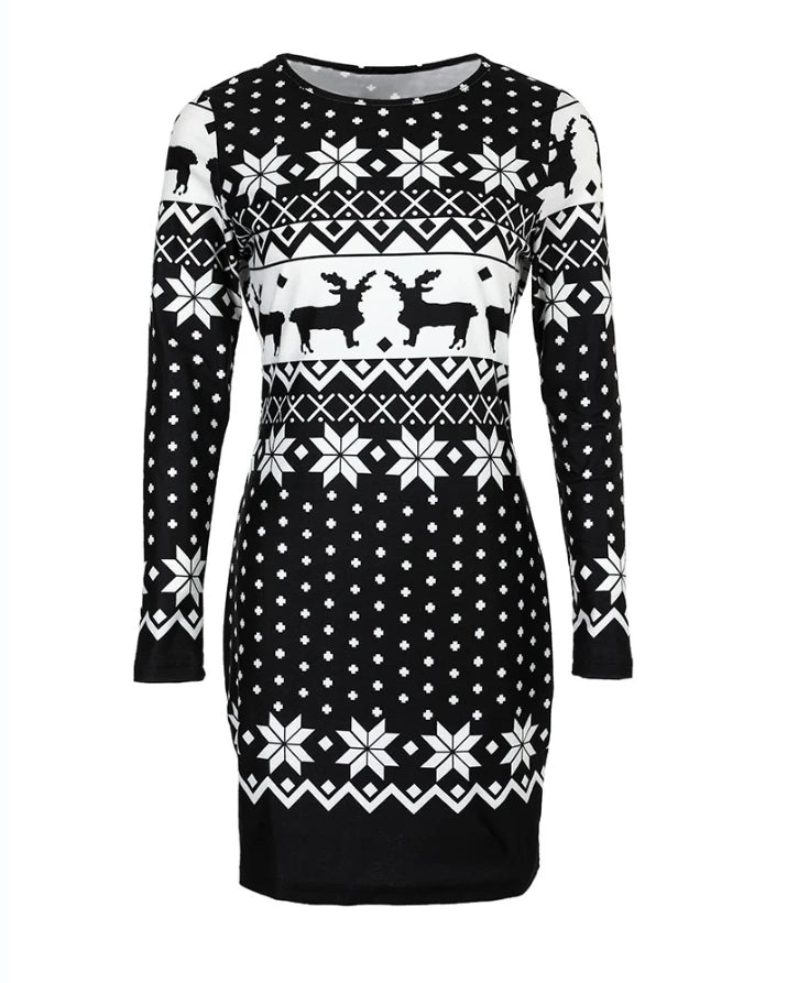 Women's Christmas Mini Dress – Snowflake & Elk Print, Long Sleeve, Skinny A-Line O-Neck, Festive Casual Wear