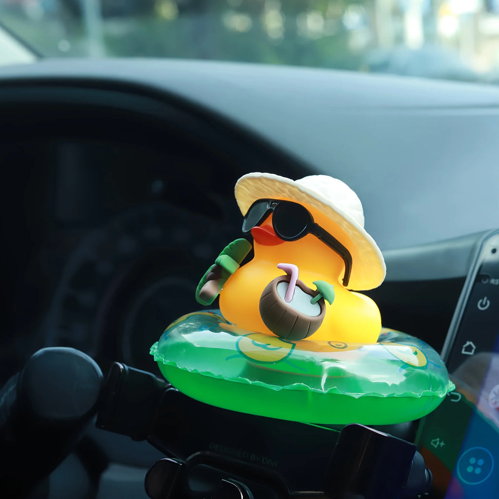 Cute Summer Beach Duck Car Ornament, Sunglasses Rubber Duck with Swim Ring, Dashboard Decor for Car Interior & Holiday Gifts