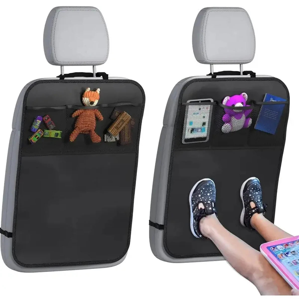 Car Seatback Kick Mat with 3 Storage Pockets
