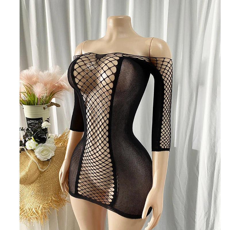 1 Piece Beach Cover Up without Bikini Summer's Hottest Mesh Swimsuit Women Summer Pool Swimwear Long Sleeves Hollow Out Dress