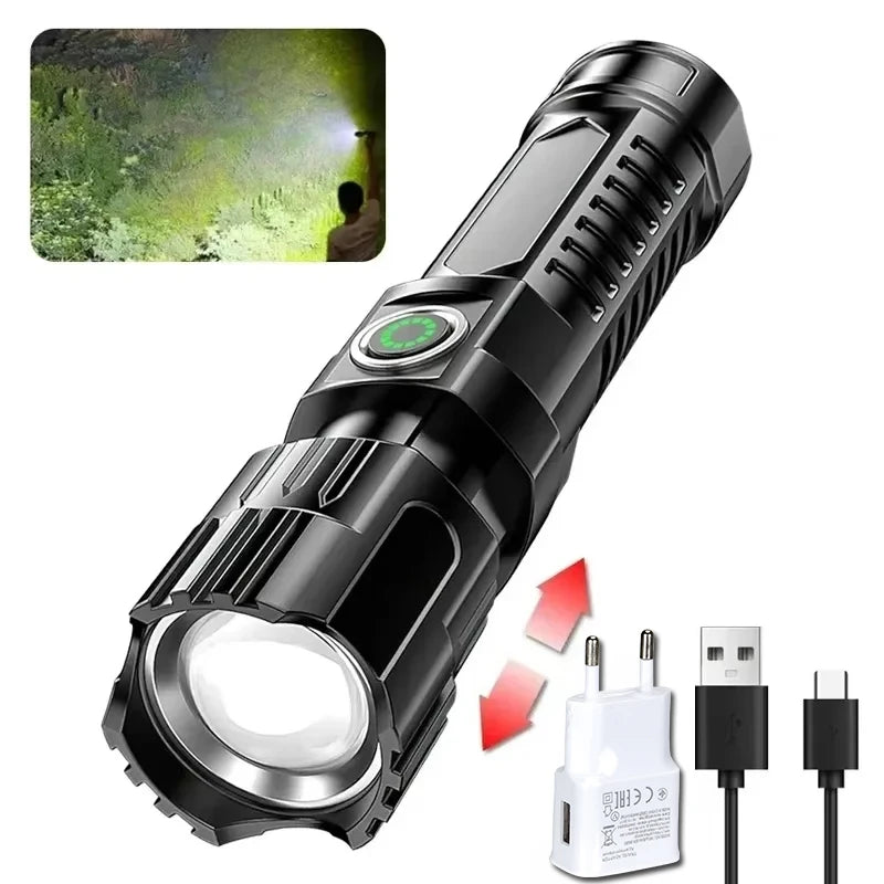 Powerful LED Flashlight USB C Rechargeable Zoomable Searchlight 3 Modes Handheld Flashlight for Outdoor Camping Hunting Torch