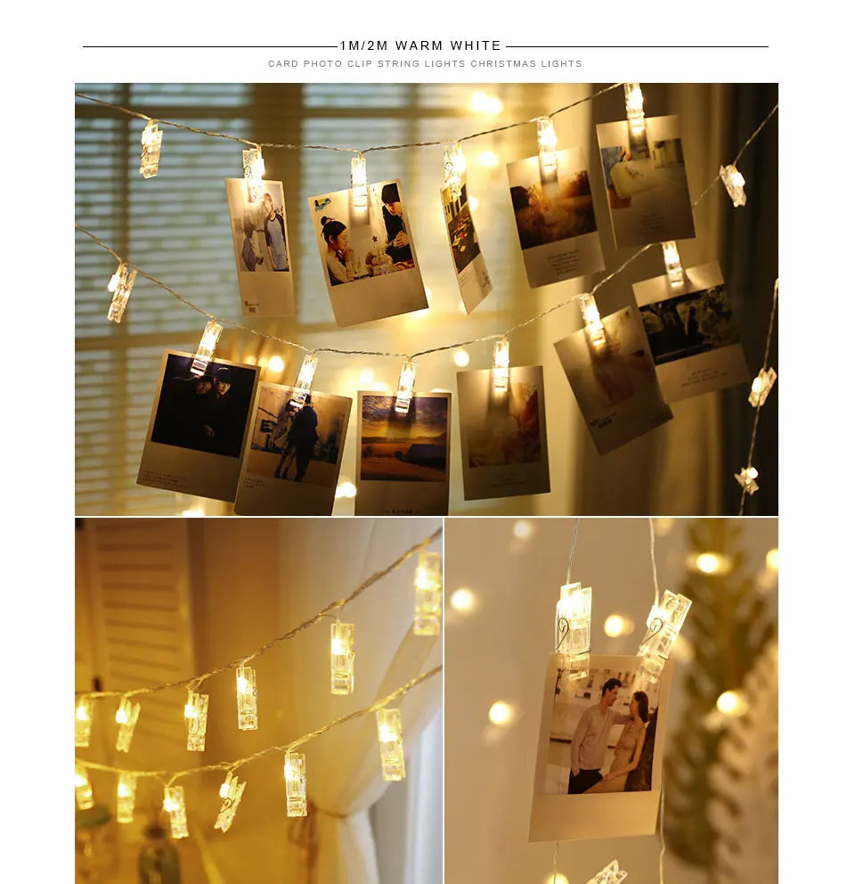 1pc 1.5M10L Photo Clips String Lights Christmas Fairy Lights Battery-operated Garland Hanging Picture Cards Holder Holiday Lamp