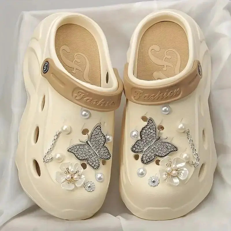 Luxury DIY Pearl Chain Non Slip Clogs Women Summer 2026 Comfort Platform Slip On Sandals EVA Thick Bottom Outdoor Slippers Shoes