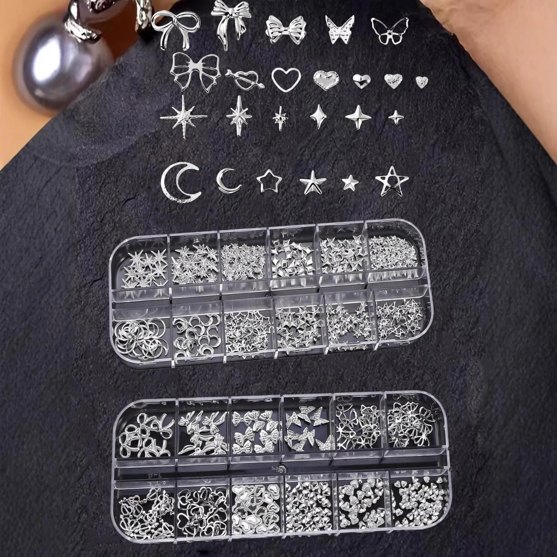 12Grids 3D Silver Heart Bow Butterfly Nail Charms Y2K Metallic Star Moon Nail Rivet Studs DIYValentine's Day Manicure Decoration