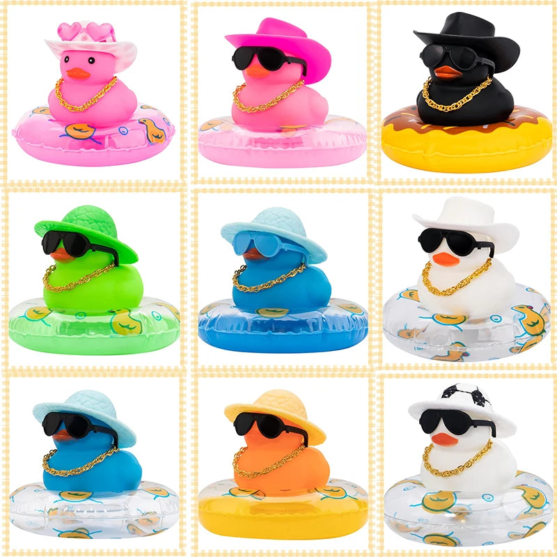 Car Rubber Duck, Coloured  Duck Decoration Dashboard with Sun Hat Swim Ring Necklace Sunglasses for Car Dashboard Decorations