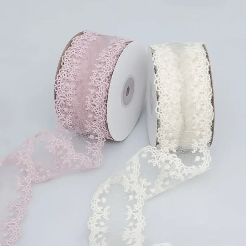 Embroidered Floral Lace Ribbon – Sheer Craft Trim, 35 in