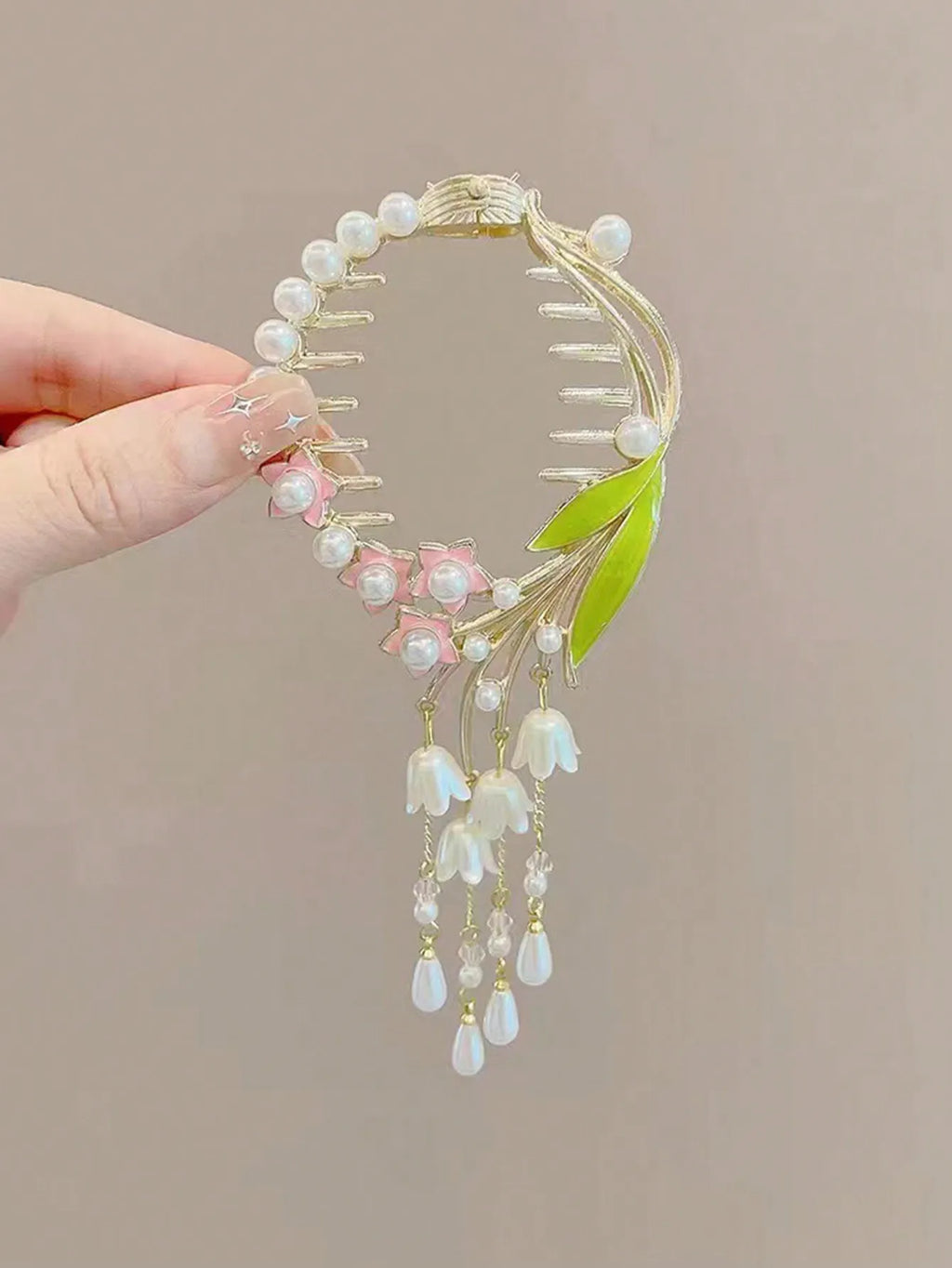 Floral Tassel Bun Clip – Rhinestone & Pearl Hair Holder for Women & Girls, Casual Party & Daily Wear, All Seasons