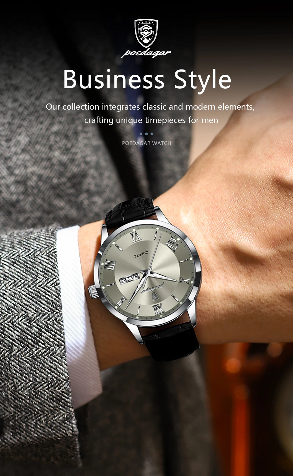POEDAGAR 978-D Men’s Day-Date Dress Watch