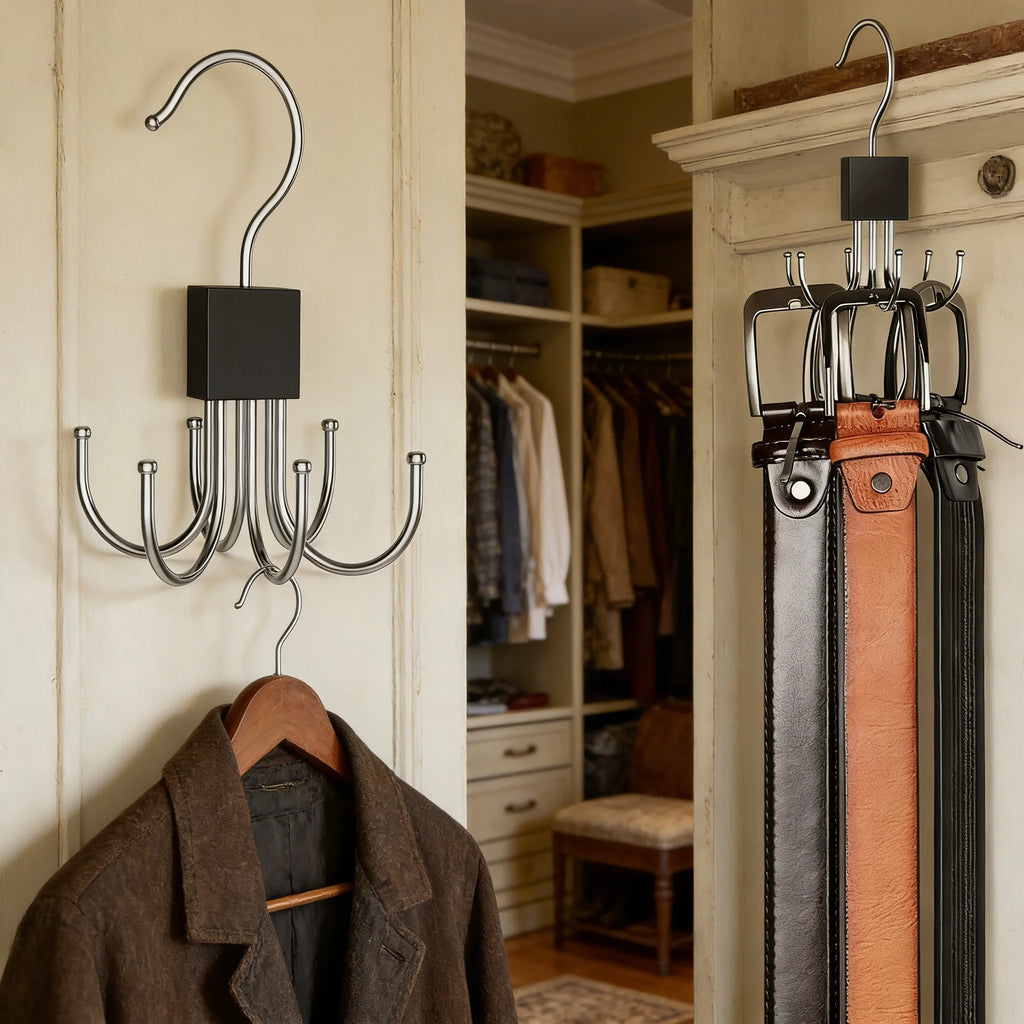 360° Rotating Belt & Accessory Hanger – Multi-Hook Closet Organizer, Wood & Metal