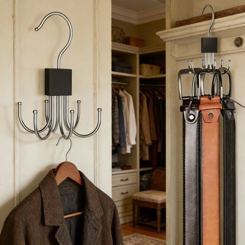 360° Rotating Belt & Accessory Hanger – Multi-Hook Closet Organizer, Wood & Metal