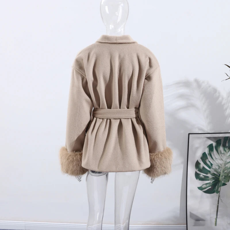 Elegant Solid Long Overcoat Women Turn-down Collar Lace Up Full Sleeve Classic Warm Coat 2025 New Lady Autumn Winter Casual Wear