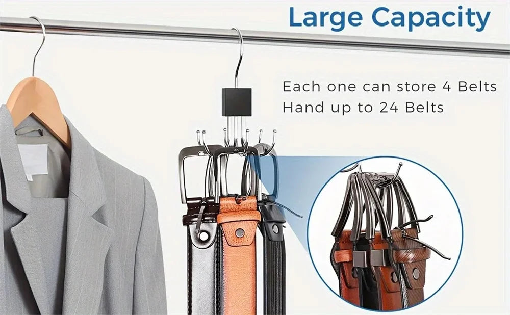 360° Rotating Belt & Accessory Hanger – Multi-Hook Closet Organizer, Wood & Metal