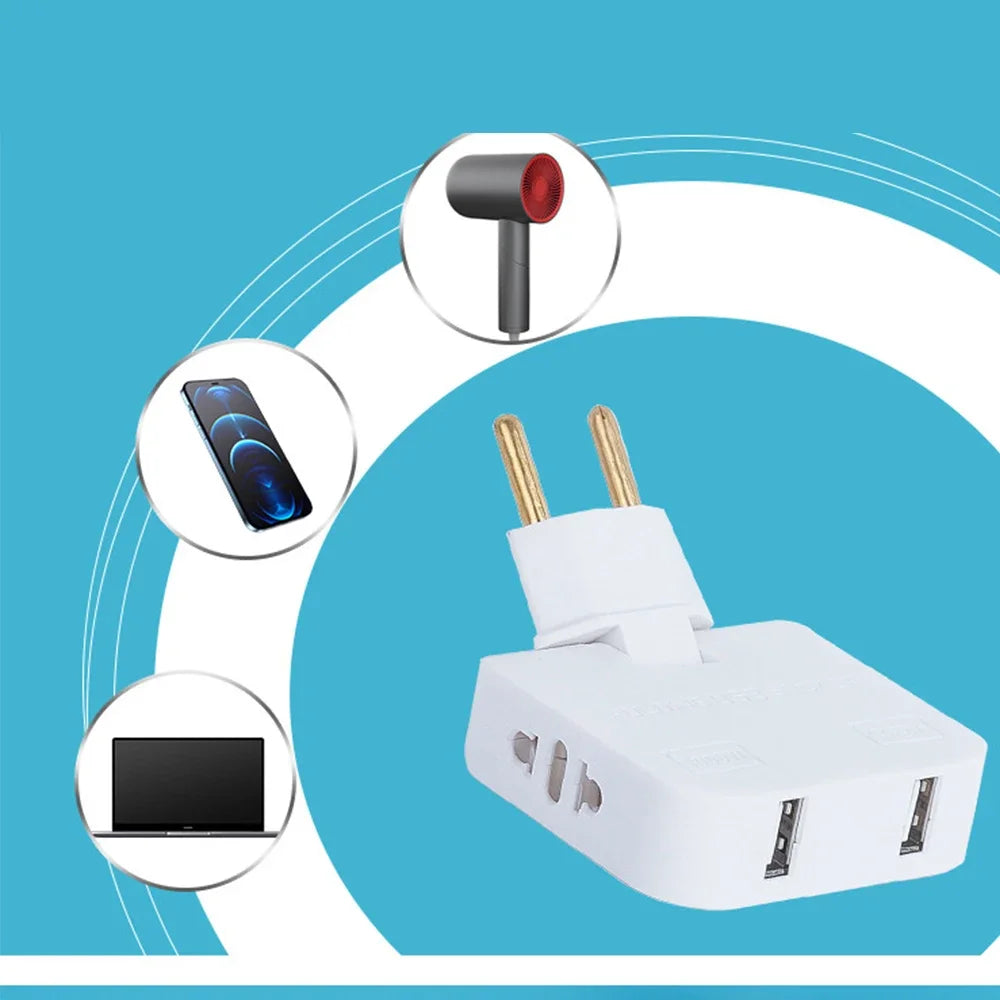 180° Rotating EU Plug Adapter with 2 AC Outlets & 2 USB Ports