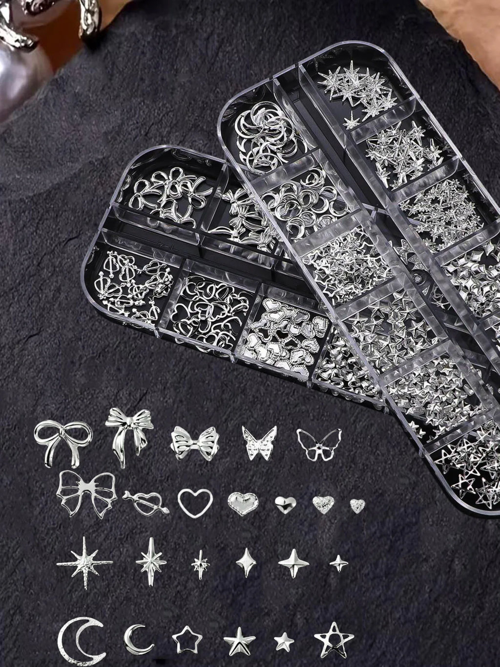 12Grids 3D Silver Heart Bow Butterfly Nail Charms Y2K Metallic Star Moon Nail Rivet Studs DIYValentine's Day Manicure Decoration
