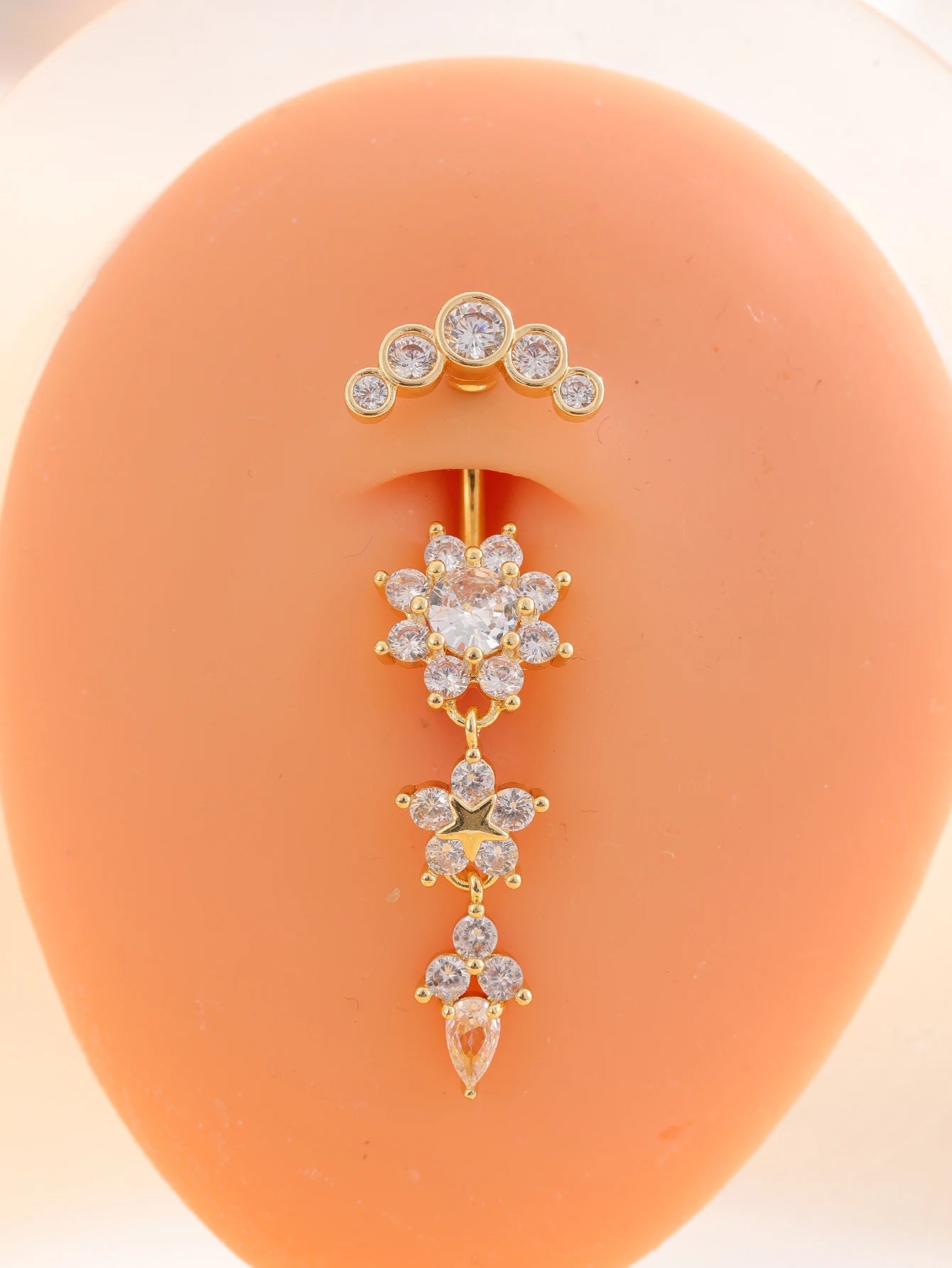 Long Dangled Flower Crystals Belly Button Rings Sexy Curved Navel Piercing for Women Girls 5 Zircons Belly body Jewelry 1 Piece
