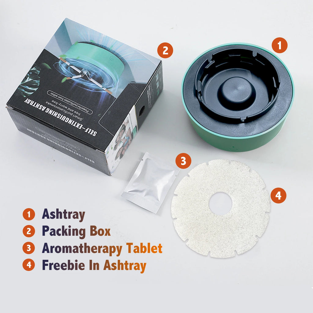 2-in-1 Smoke-Free Ashtray with Built-In Air Purifier – Odor Eliminator, Filter Sponge, 5-Min Timer, AA Battery Powered, Model AS-08
