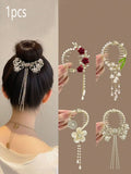 Floral Tassel Bun Clip – Rhinestone & Pearl Hair Holder for Women & Girls, Casual Party & Daily Wear, All Seasons