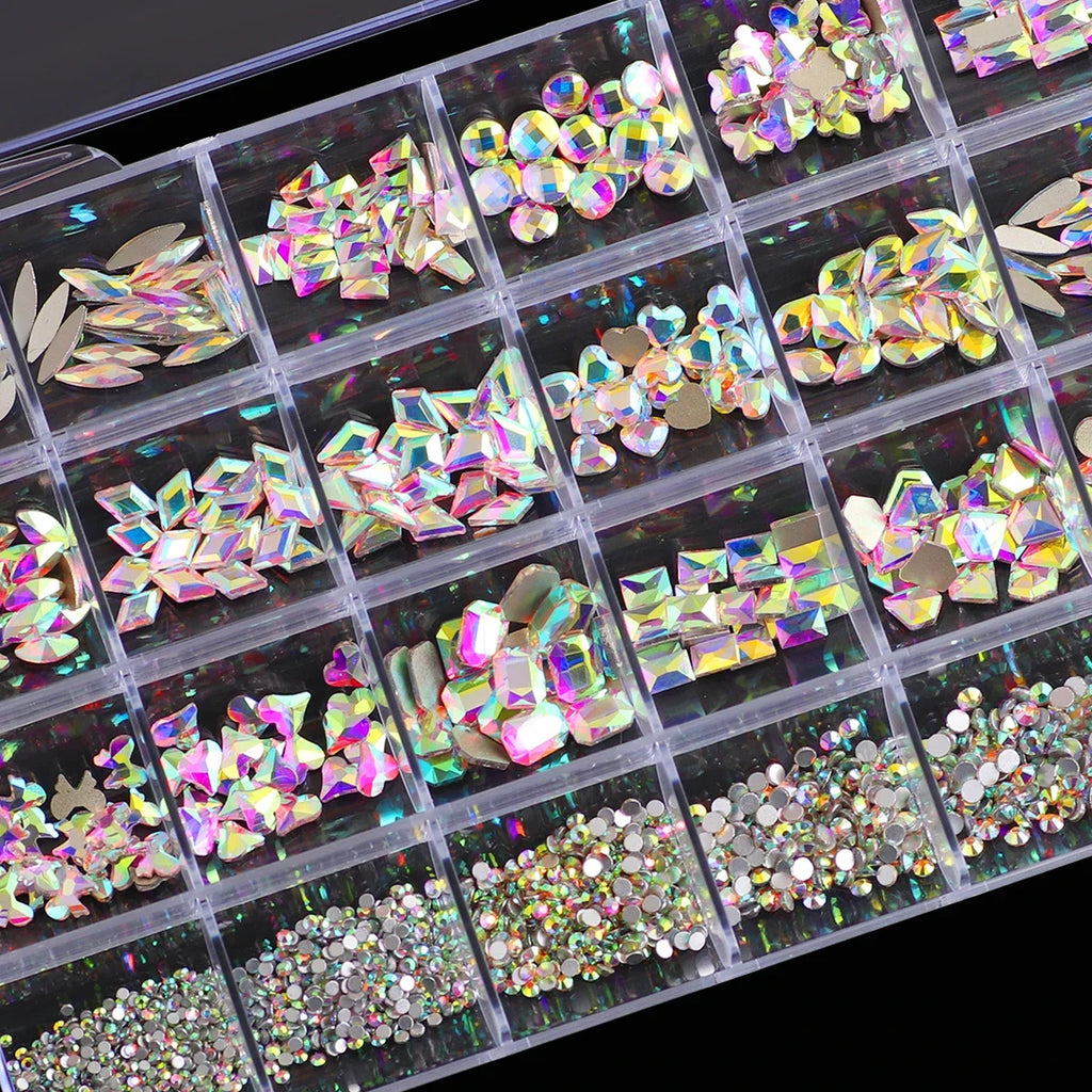 1 Box of Multi -Shaped 3D Nail Diamond Kits -24 AB Crystal Gem Grids, Flat -Bottom Nail Art Accessories Multi -Style Nail Suppli