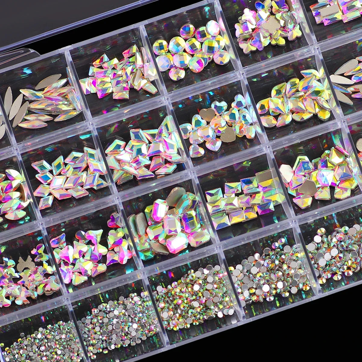 1 Box of Multi -Shaped 3D Nail Diamond Kits -24 AB Crystal Gem Grids, Flat -Bottom Nail Art Accessories Multi -Style Nail Suppli