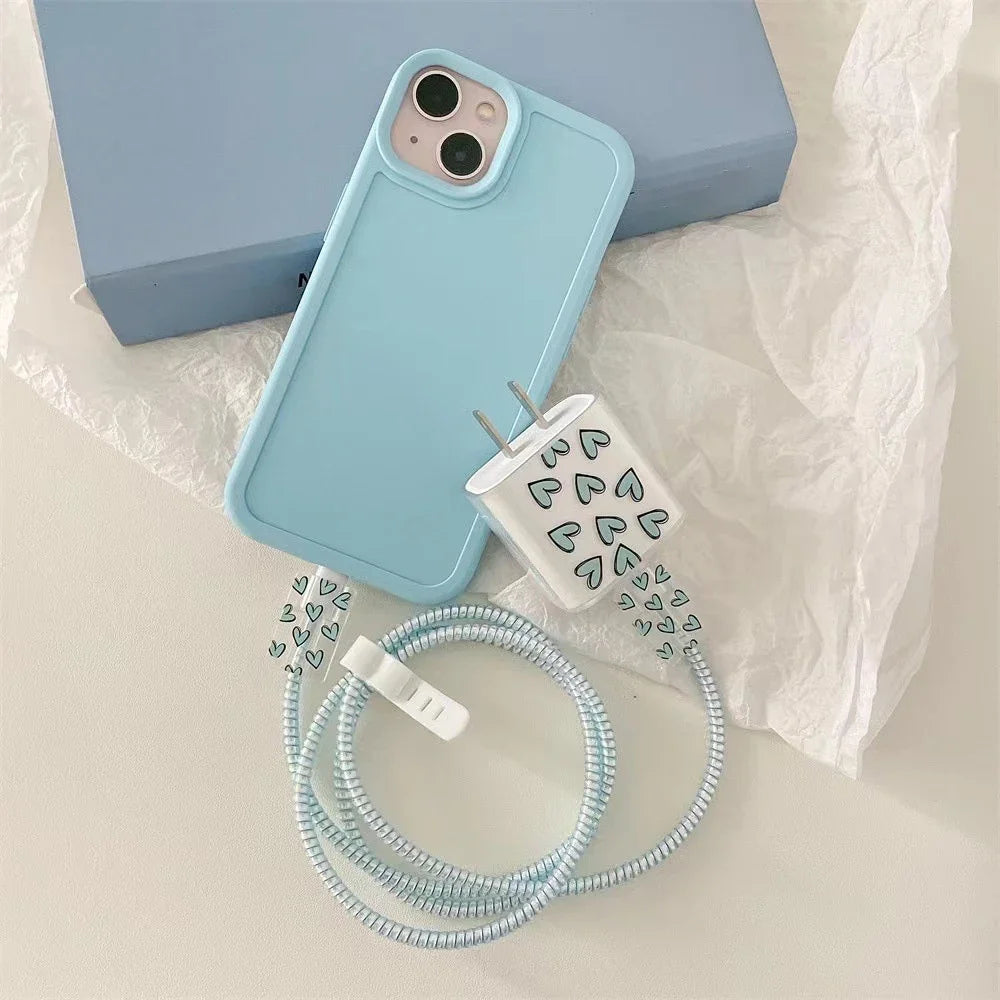 Heart-Print Charger Cover & Cable Wrap – Pink or Blue
