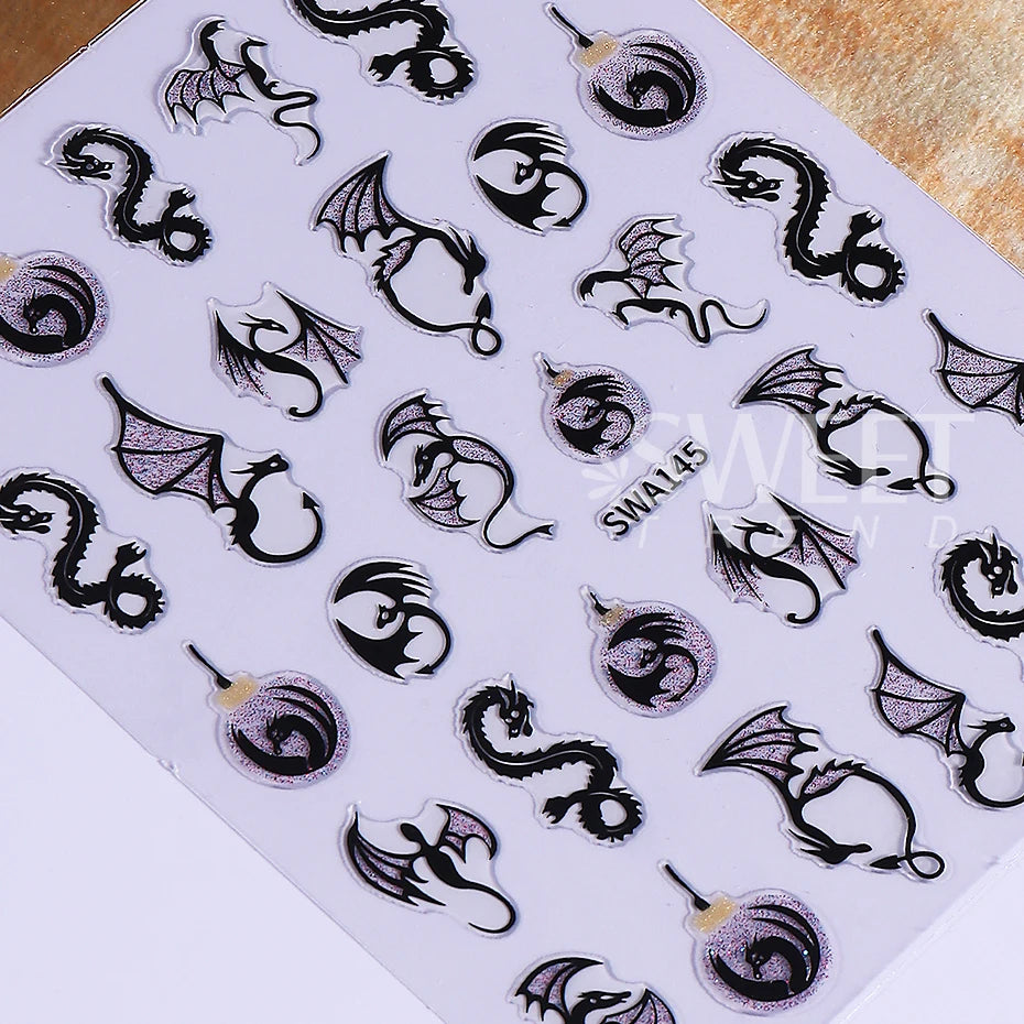 3/4pcs Metallic Dragon Nail Stickers Evil Bat Flying Dragon Designs Self-Adhesive Nail Decals Y2K Halloween Manicure Decoration