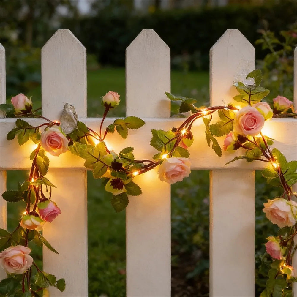 2M 5M LED Rose Flower String Lights Simulation Vine Leaf Fairy Light Christmas Decoration Garland Lamp for Room Wedding Garden