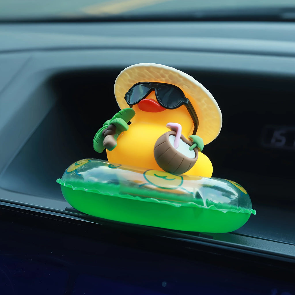 Cute Summer Beach Duck Car Ornament, Sunglasses Rubber Duck with Swim Ring, Dashboard Decor for Car Interior & Holiday Gifts