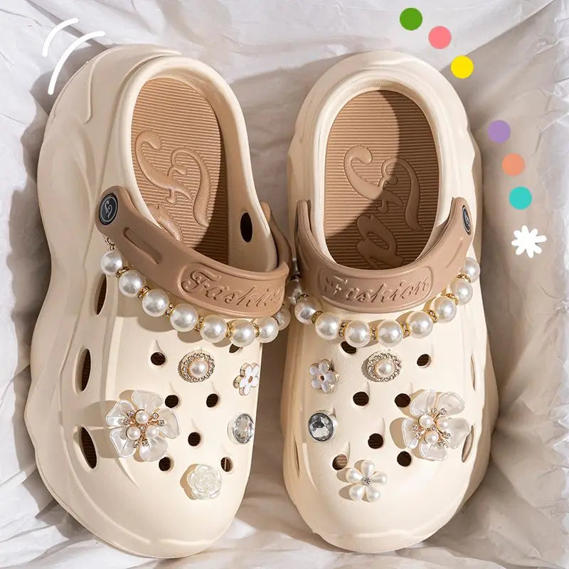 Luxus DIY Perlenkette Rutschfeste Clogs Damen Sommer 2026 Komfort Plateau Slip On Sandalen EVA Dicke Sohle Outdoor Hausschuhe