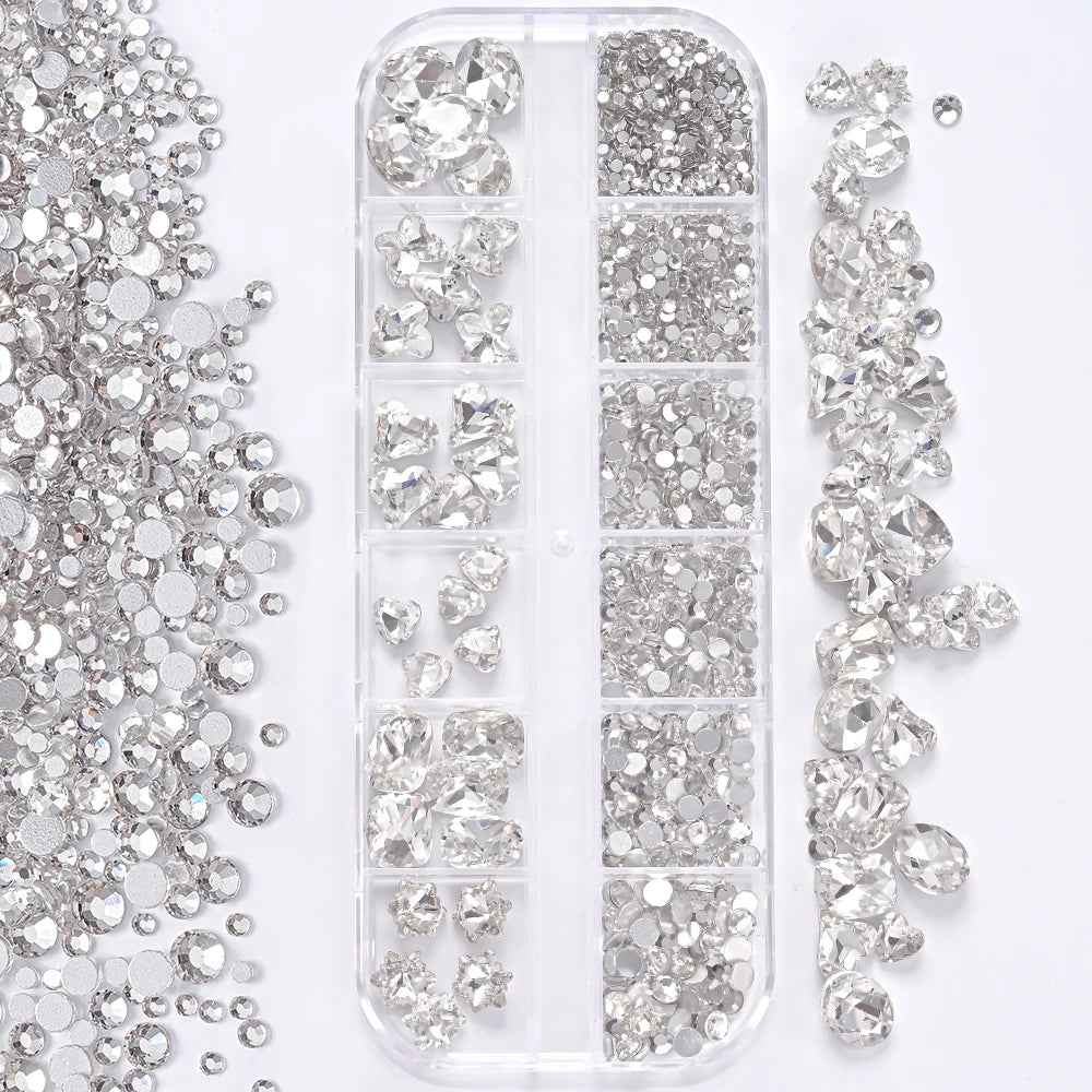 Mixed-Shape Nail Art Rhinestones – 12-Compartment Box